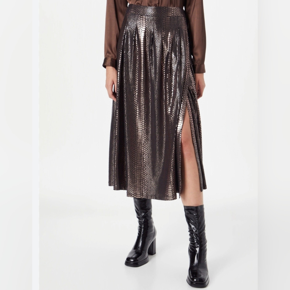 MOLLY BRACKEN Snake Embossed Metallic Pleated Midi Skirt